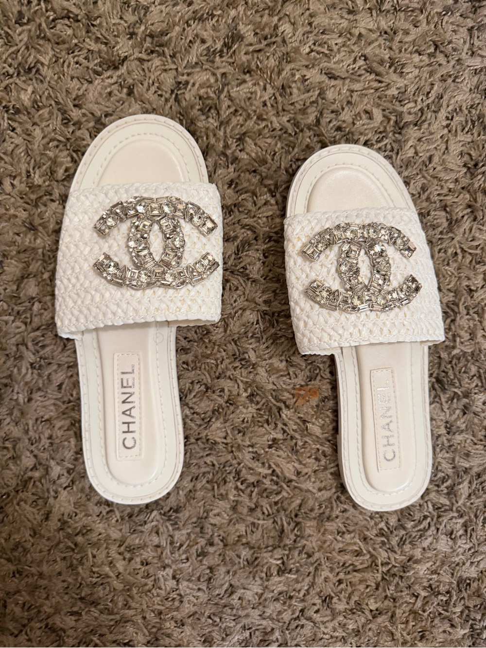 CHANEL White Crystal CC Logo Woven Slide Mules